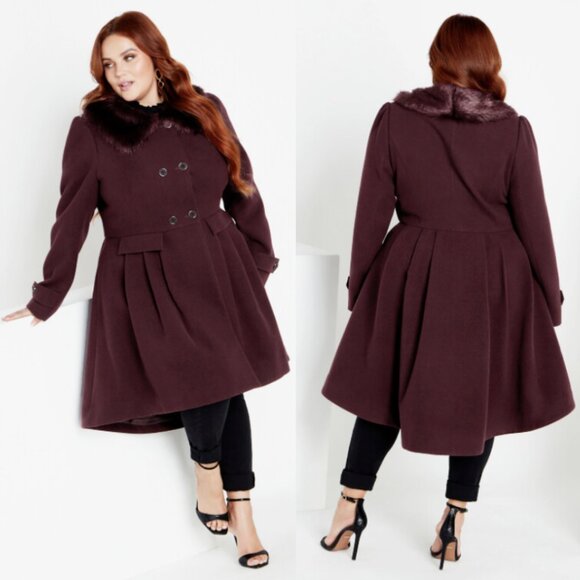 NWT City Chic Spiced Plum Fur Collared A-Line Coat size 20 - Picture 1 of 15